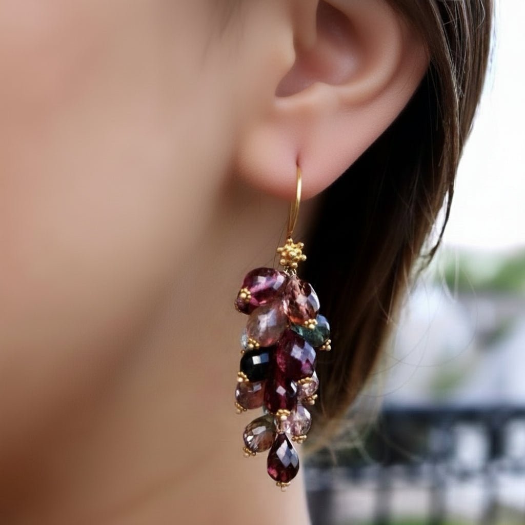 Gold Cluster Rainbow Tourmaline Earrings – 18K Fine Jewelry - Camille Jewelry