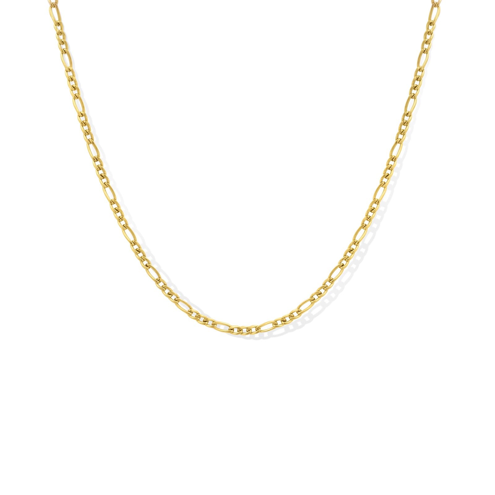 Gold Figaro necklace in 14K gold filled at 16 inches with toggle closure on a white background by Camille Jewelry