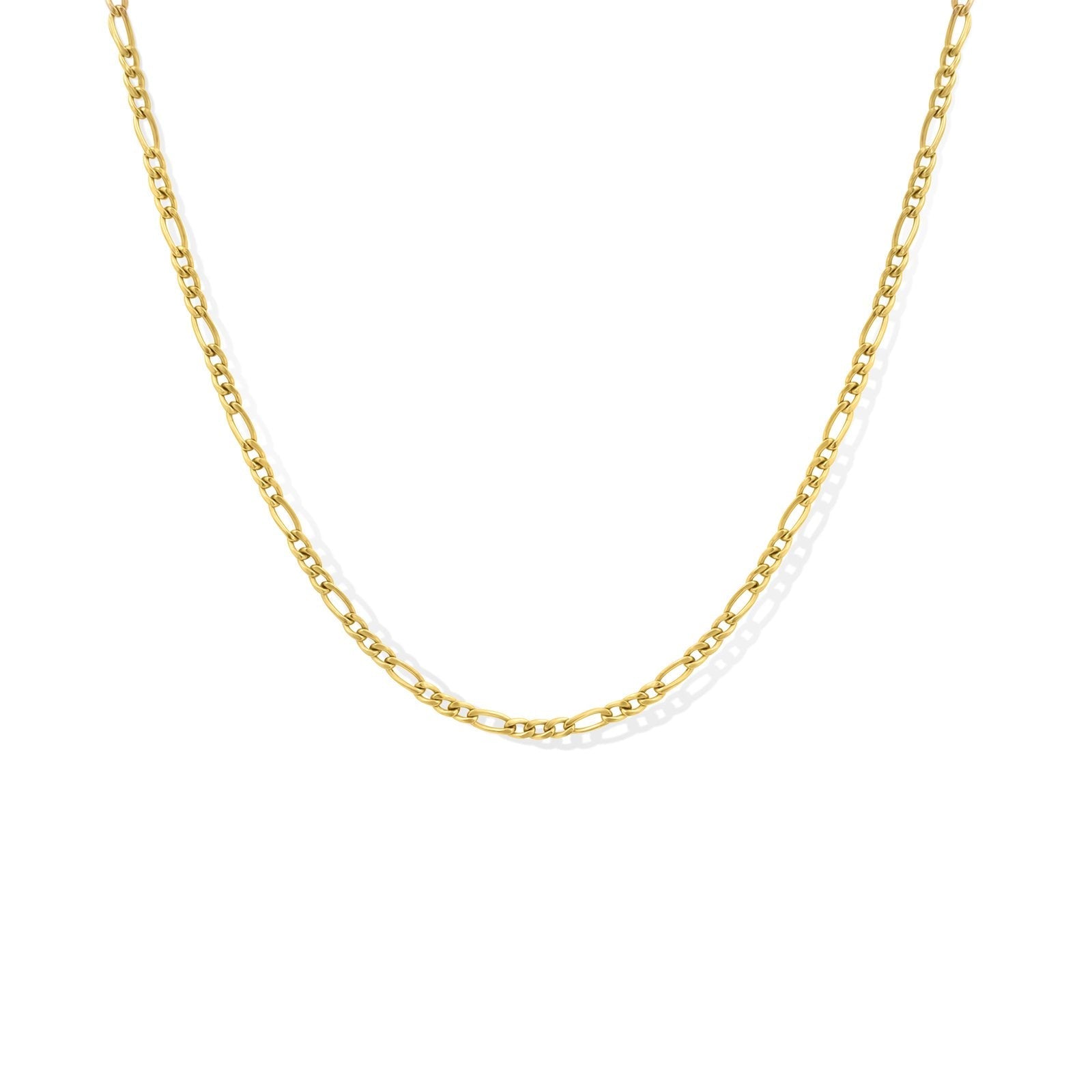 Gold Figaro necklace in 14K gold filled at 16 inches with toggle closure on a white background by Camille Jewelry