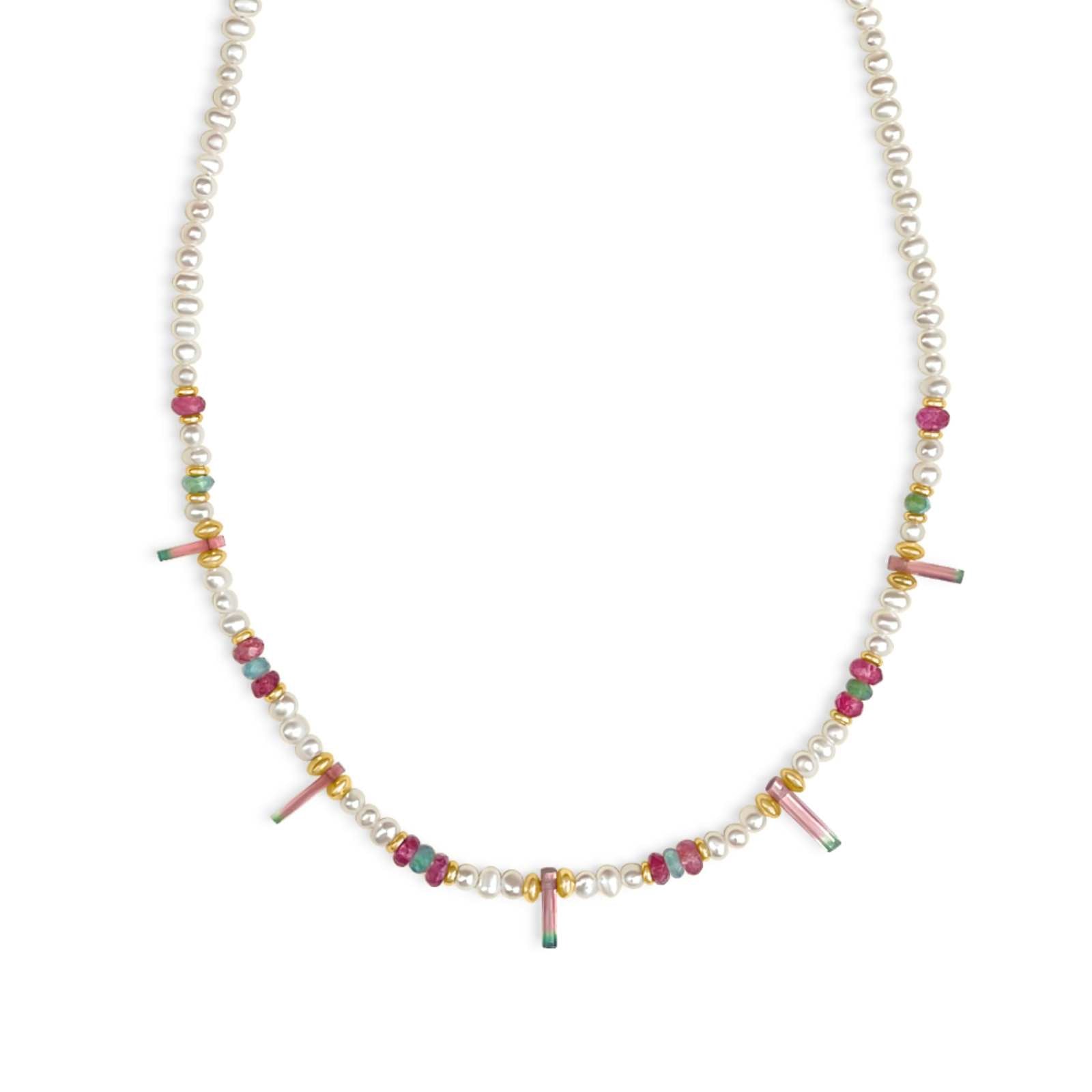 Gold filled beaded necklace with freshwater pearls, tourmaline, and Peruvian opal on a white background by Camille Jewelry