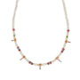 Gold filled beaded necklace with freshwater pearls, tourmaline, and Peruvian opal on a white background by Camille Jewelry