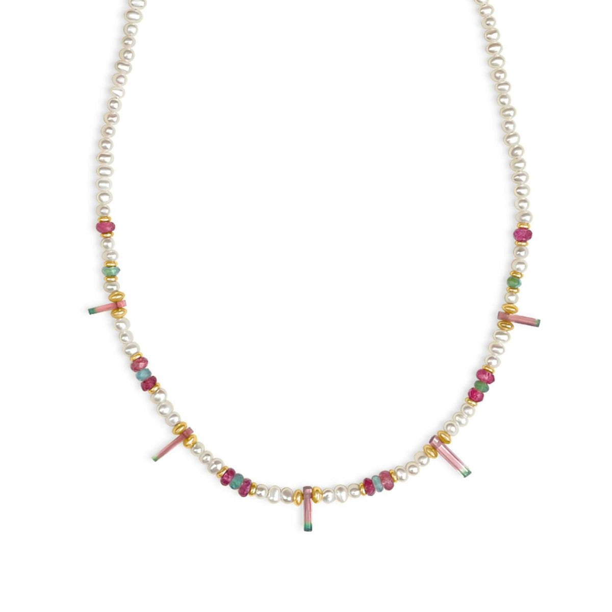 Gold filled beaded necklace with freshwater pearls, tourmaline, and Peruvian opal on a white background by Camille Jewelry