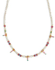 Gold filled beaded necklace with freshwater pearls, tourmaline, and Peruvian opal on a white background by Camille Jewelry