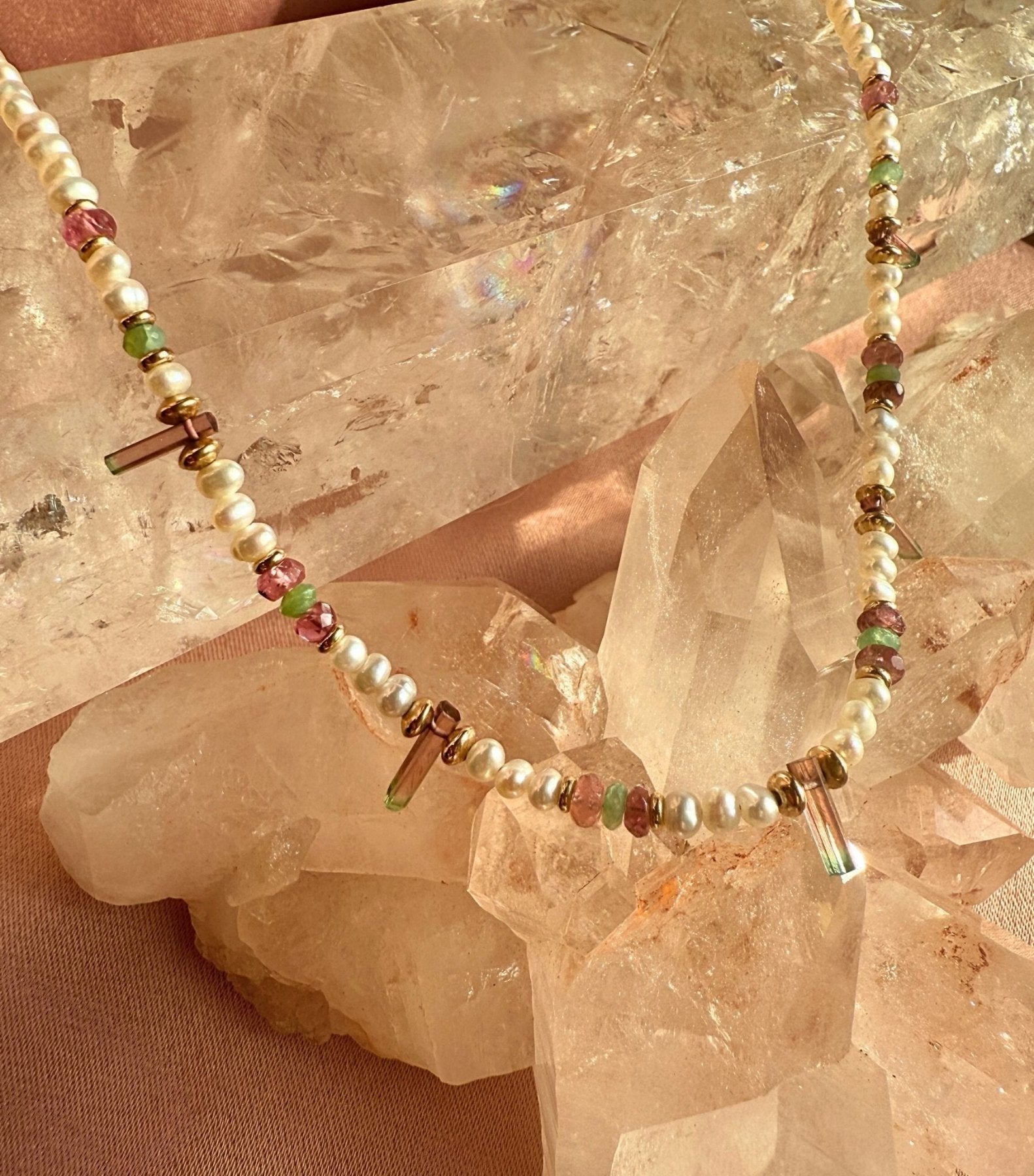 Gold Filled Beaded Necklace with Freshwater Pearl and Gemstones - Camille Jewelry