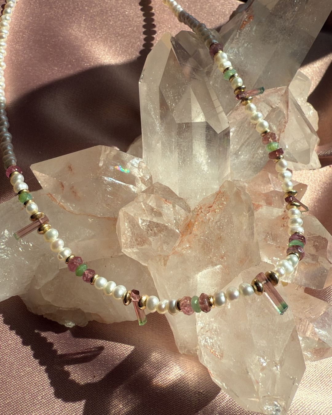 Gold Filled Beaded Necklace with Freshwater Pearl and Gemstones - Camille Jewelry