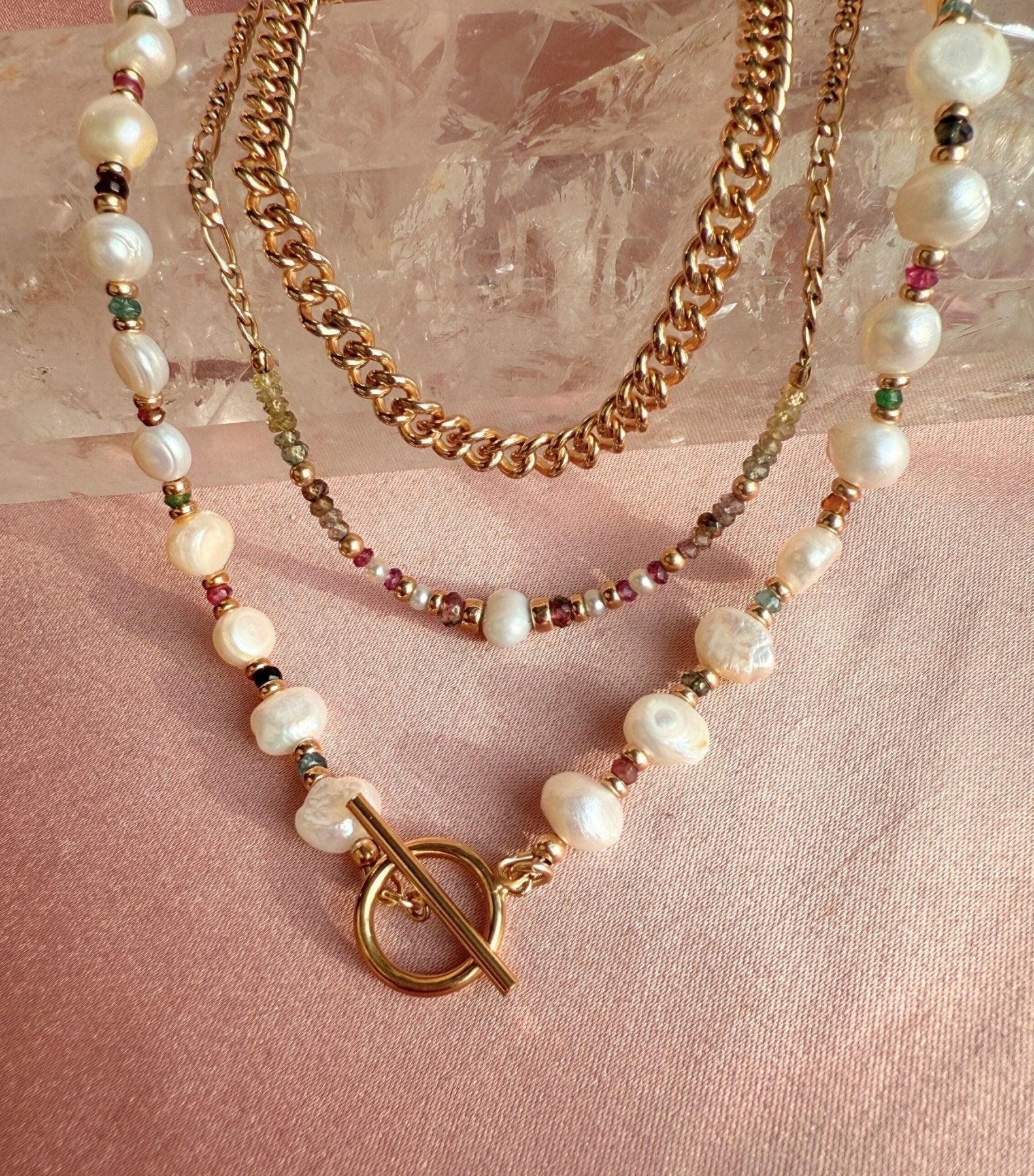 Gold Filled Beaded Necklace with Freshwater Pearl and Gemstones - Camille Jewelry