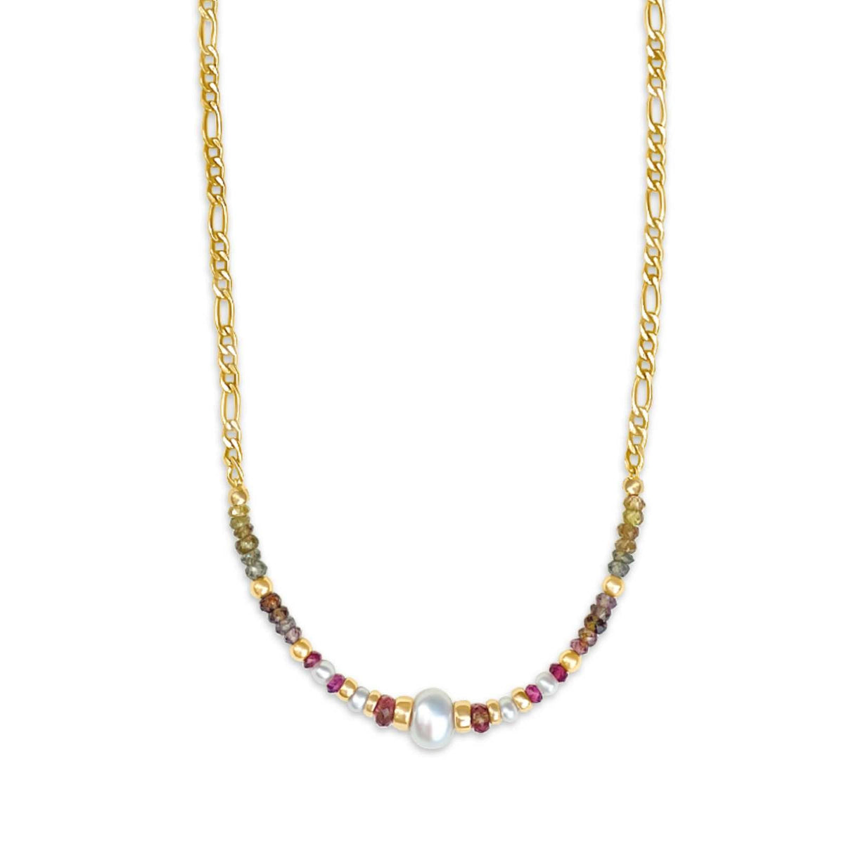 Gold filled Beaded Necklace with Gold Figaro Chain – Tourmaline & Pearls - Camille Jewelry