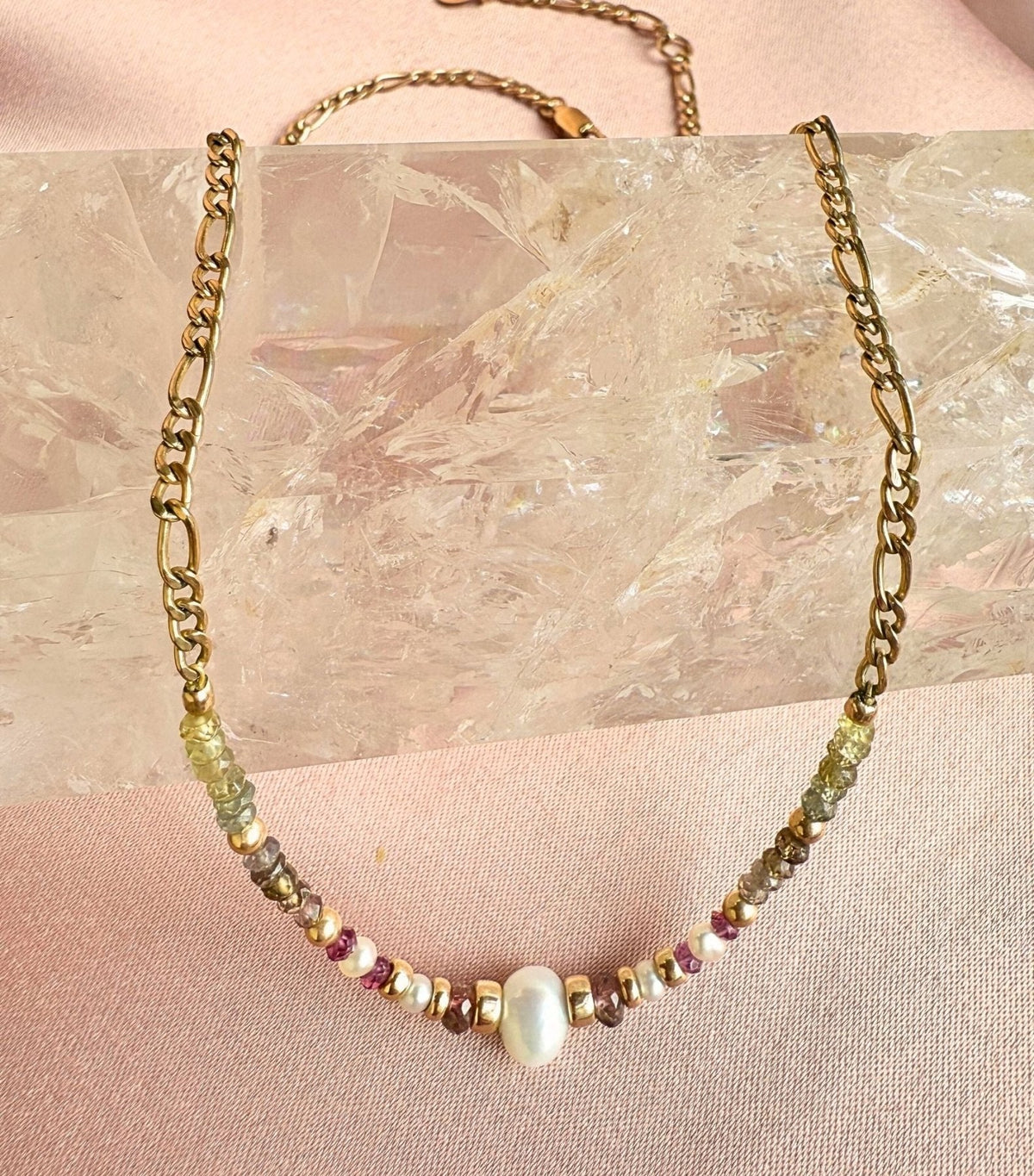 Gold filled Beaded Necklace with Gold Figaro Chain – Tourmaline & Pearls - Camille Jewelry