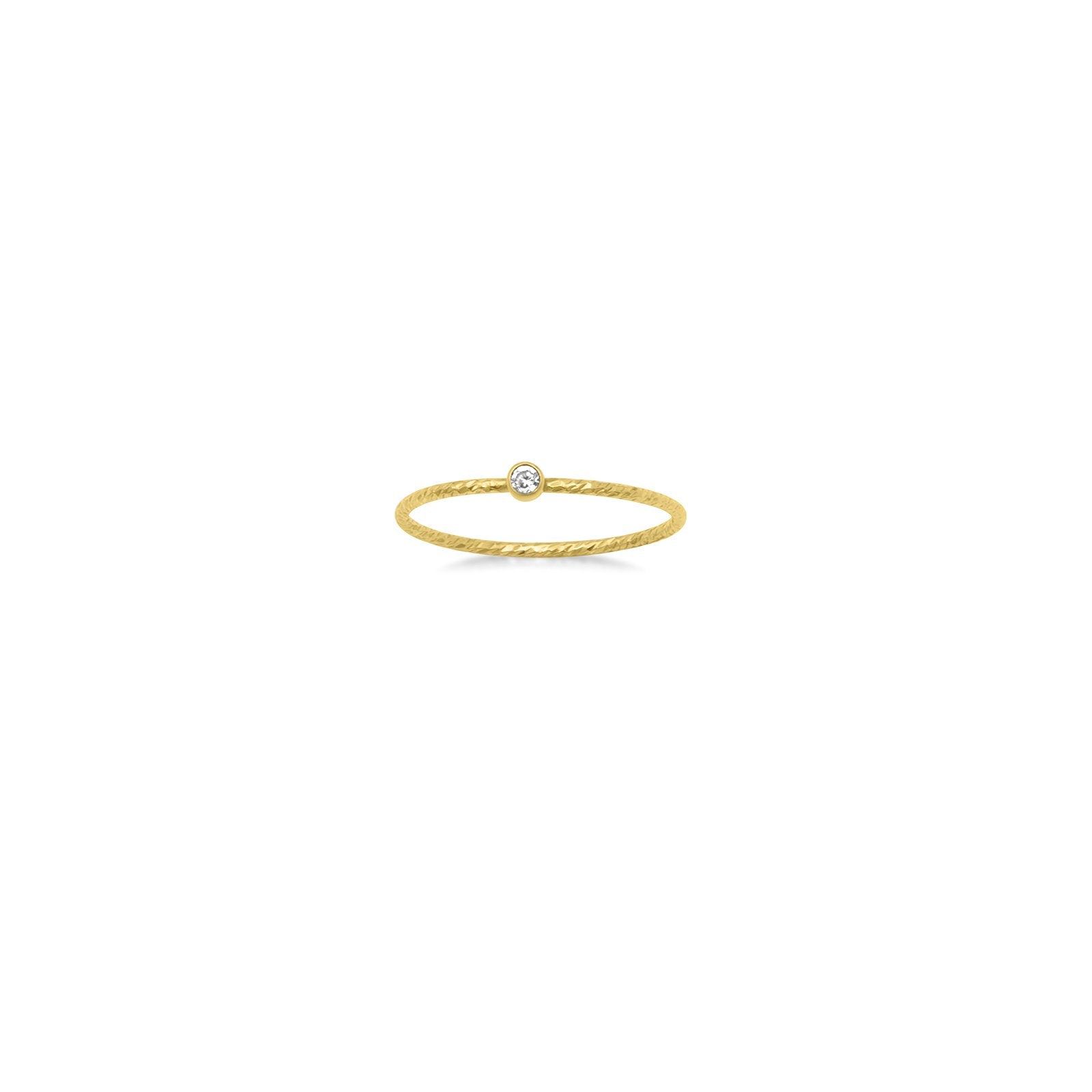 Gold Filled textured wire band ring with a bezel set cz stone on a white background by Camille Jewelry