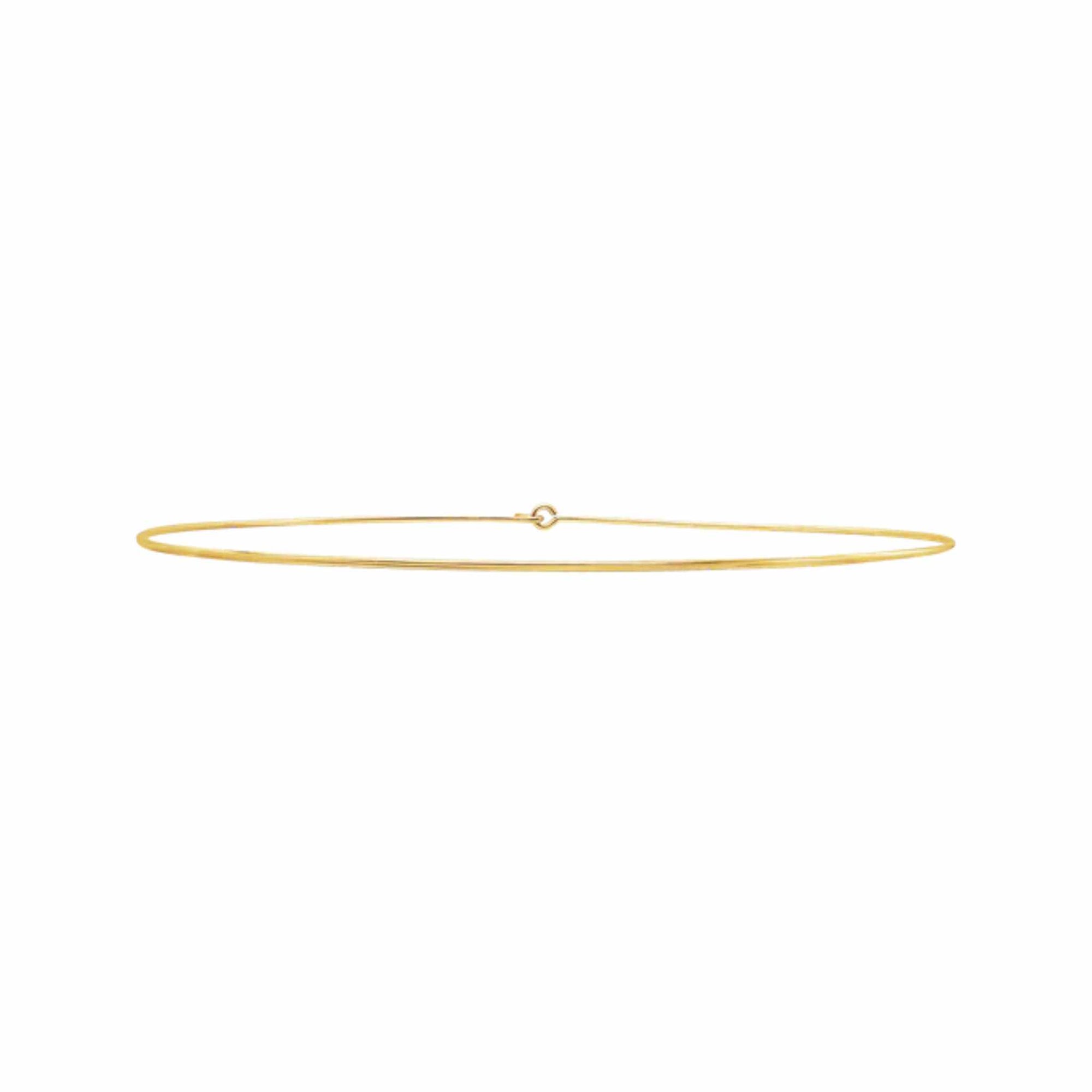 A delicate, thin 14k gold filled wire choker necklace with a small central loop closure, shown against a solid white background by Camille Jewelry