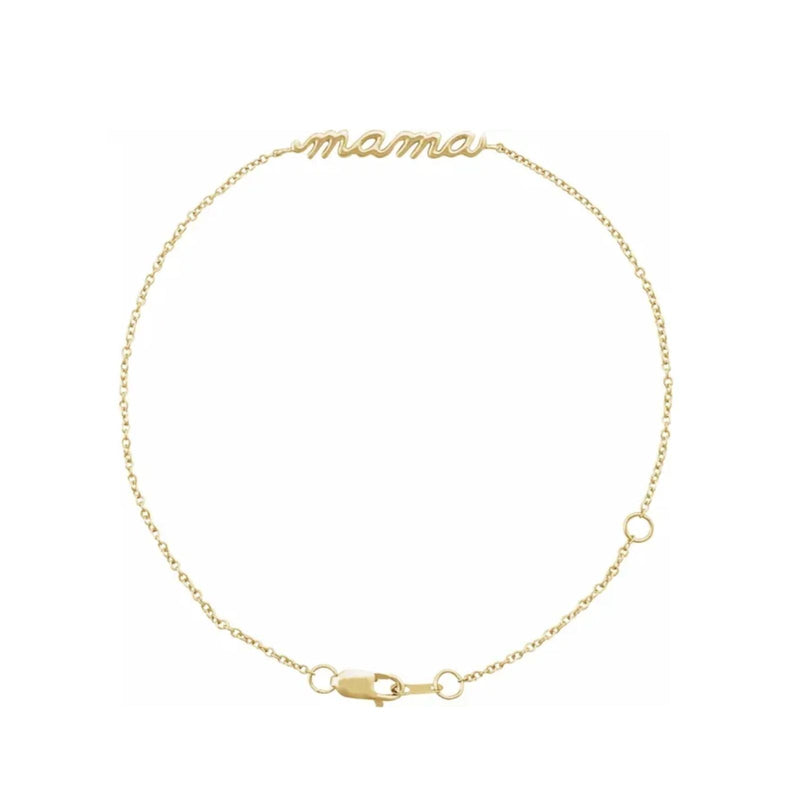 Mama bracelet in solid 14K gold script, a personalized gift for mom by Camille Jewelry