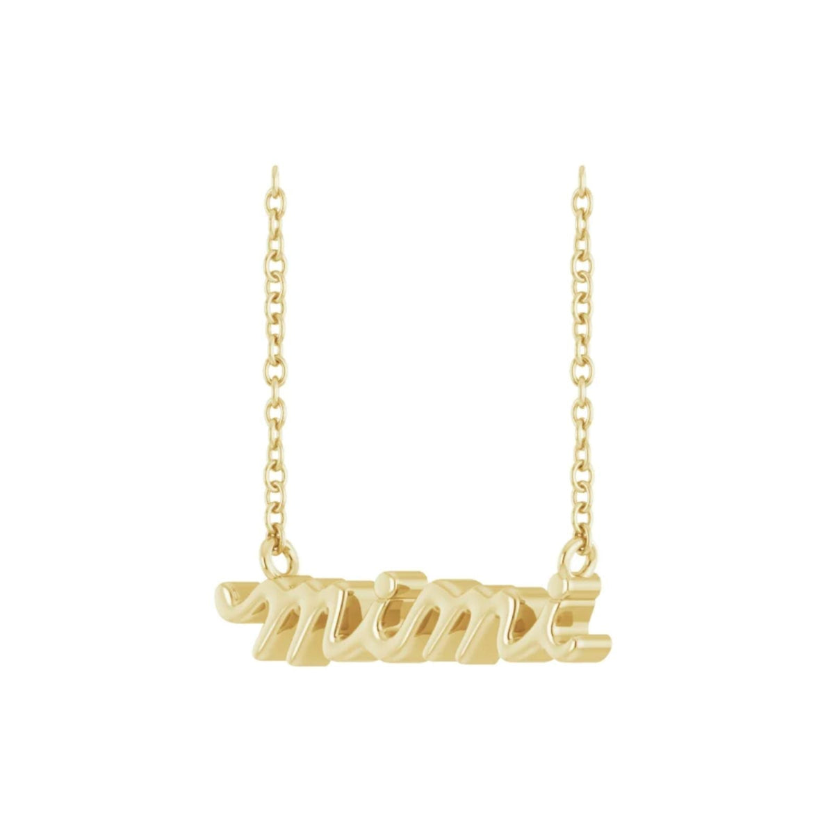  3/4 view of 14K yellow gold script Mimi Necklace with cable chain on a white background- Camille Jewelry