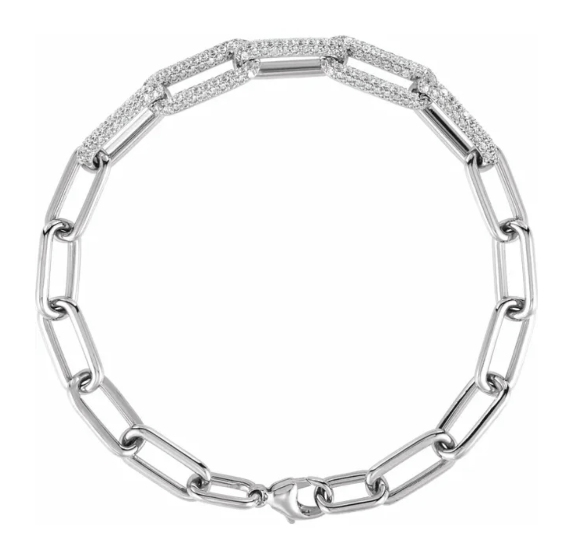 Gold Paperclip Bracelet 14K white gold with 1.5 CTW Lab diamonds on a white background by camille Jewelry.