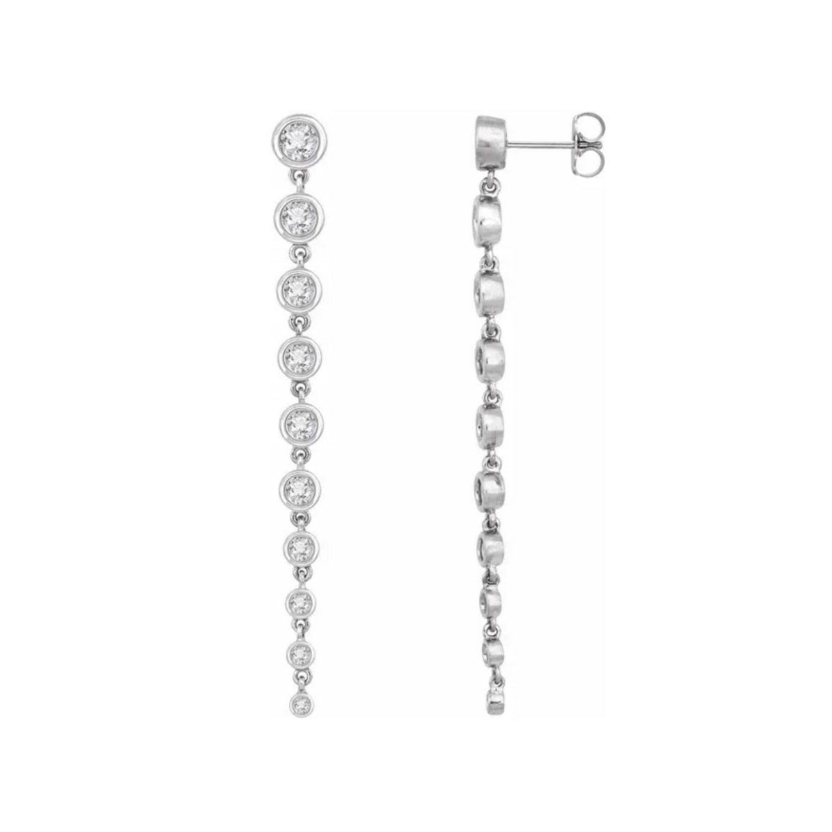 Graduated Diamond Dangle Earrings in 14K White Gold On White background - Camille Jewelry
