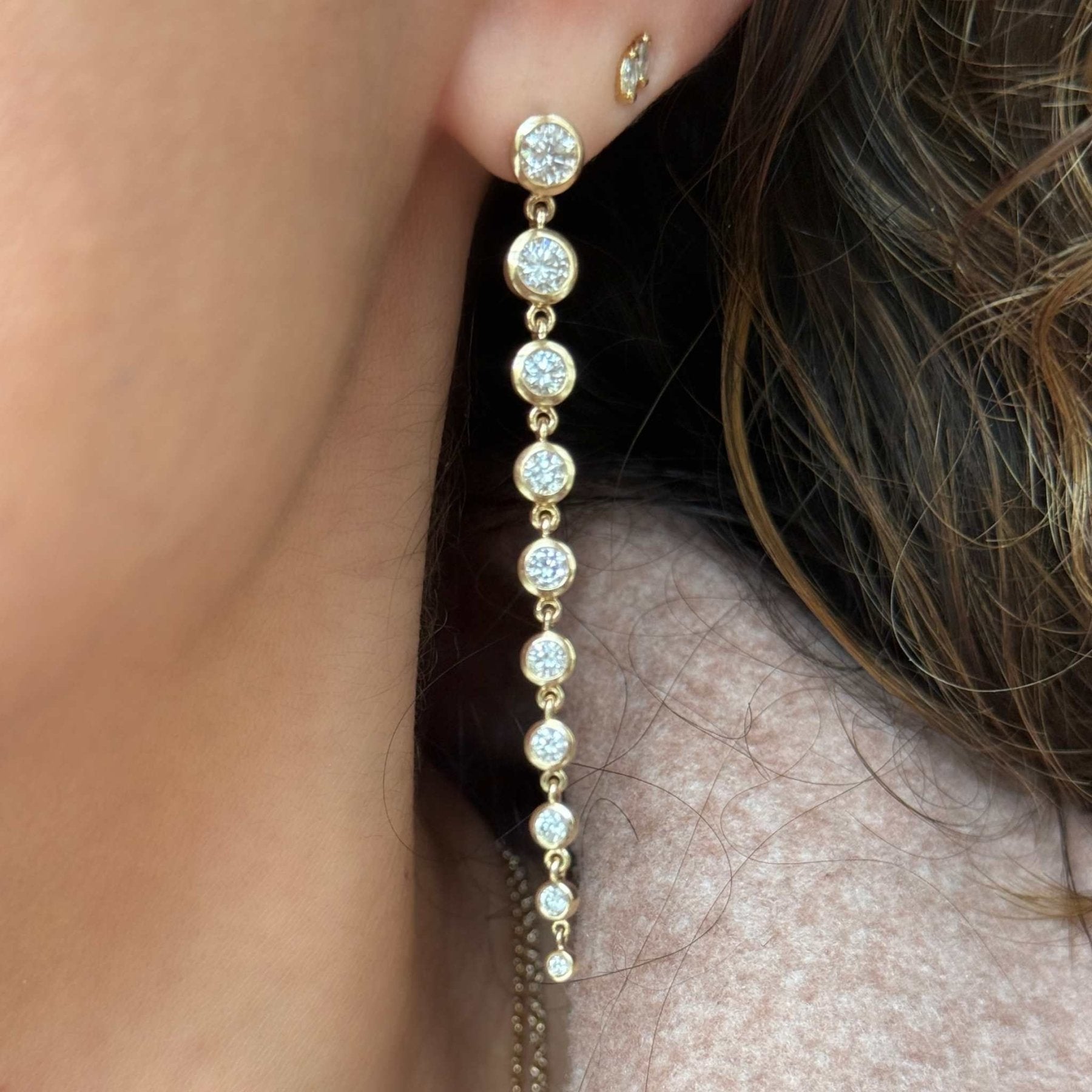 Gold Round Diamond Dangle Earrings Timeless Brilliance in Motion - Camille Jewelry