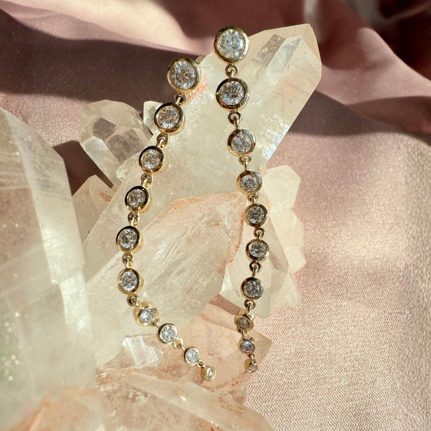Gold Round Diamond Dangle Earrings Timeless Brilliance in Motion - Camille Jewelry