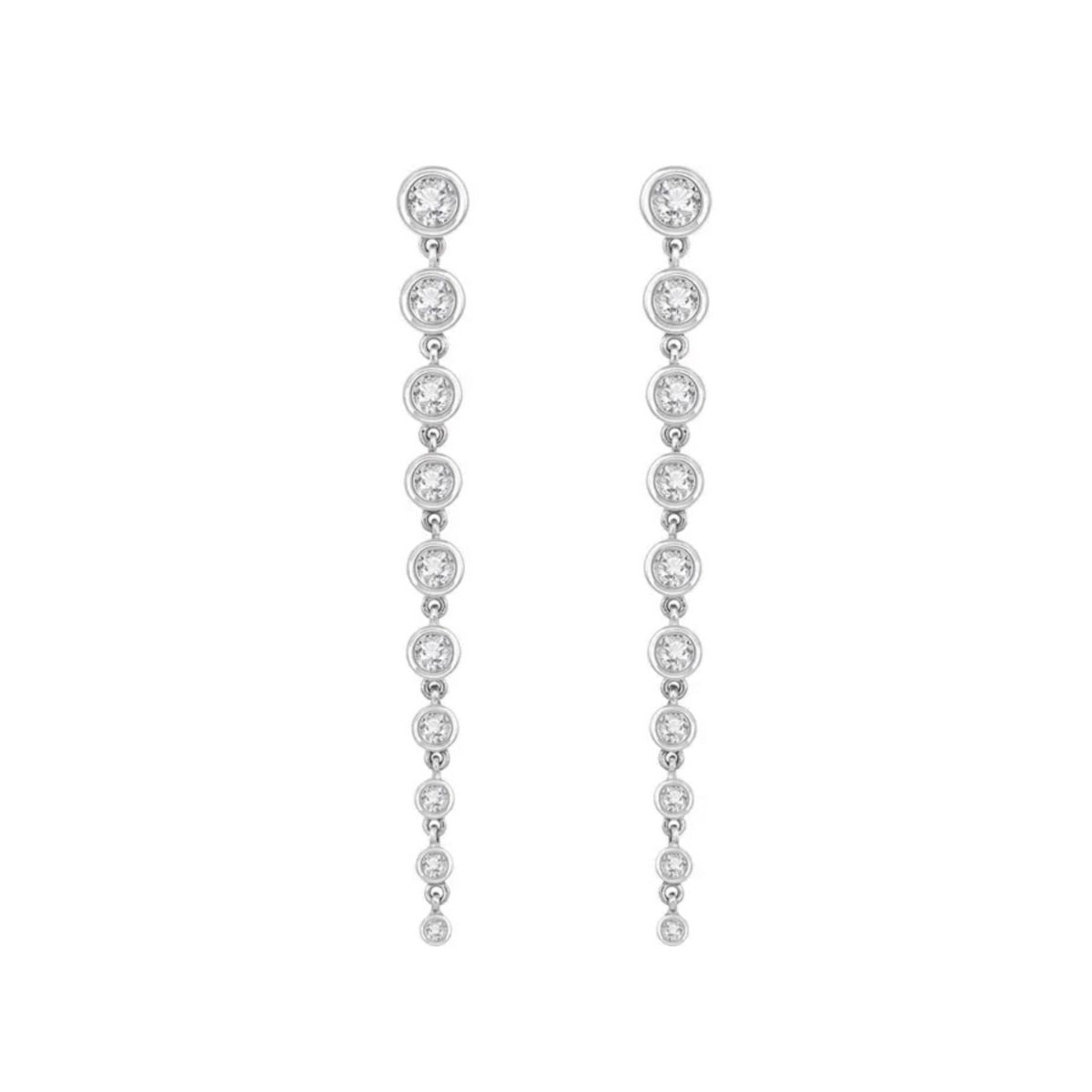 Graduated Diamond Dangle Earrings in 14K White Gold On White background - Camille Jewelry