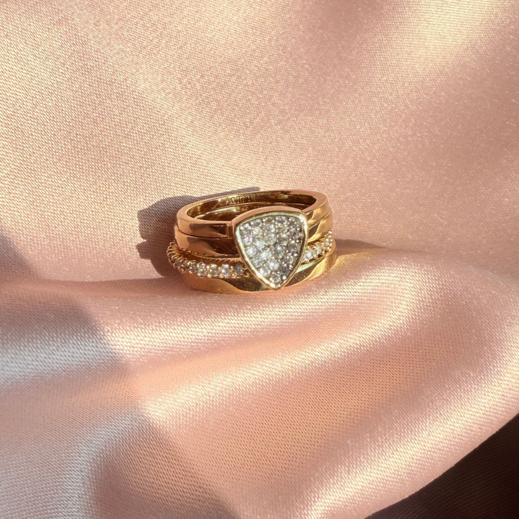 Gold &amp; Silver Trillion Stackable Rings – Concave Pavé Everyday Bands - Camille Jewelry