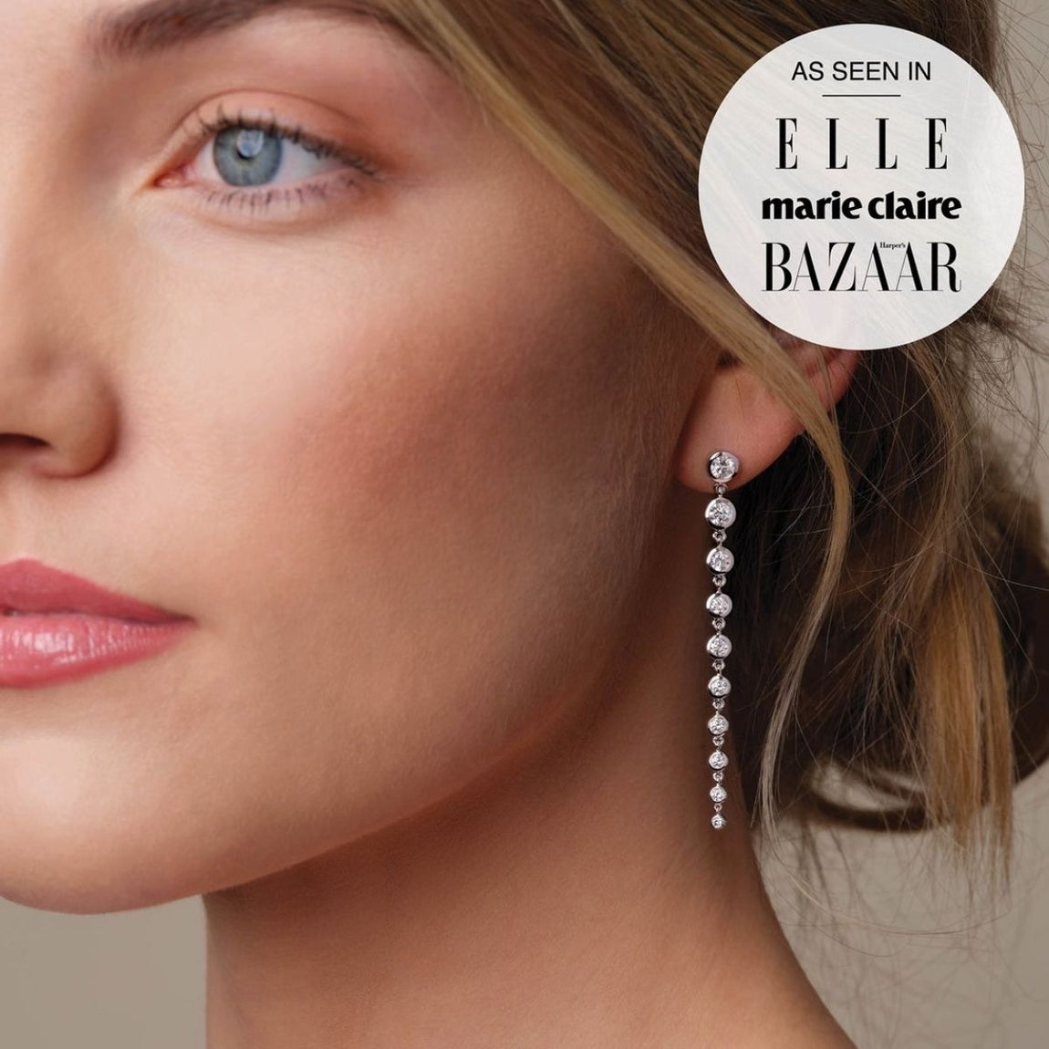 Graduated Diamond Dangle Earrings in 14K Yellow Gold On Modeld - Camille Jewelry