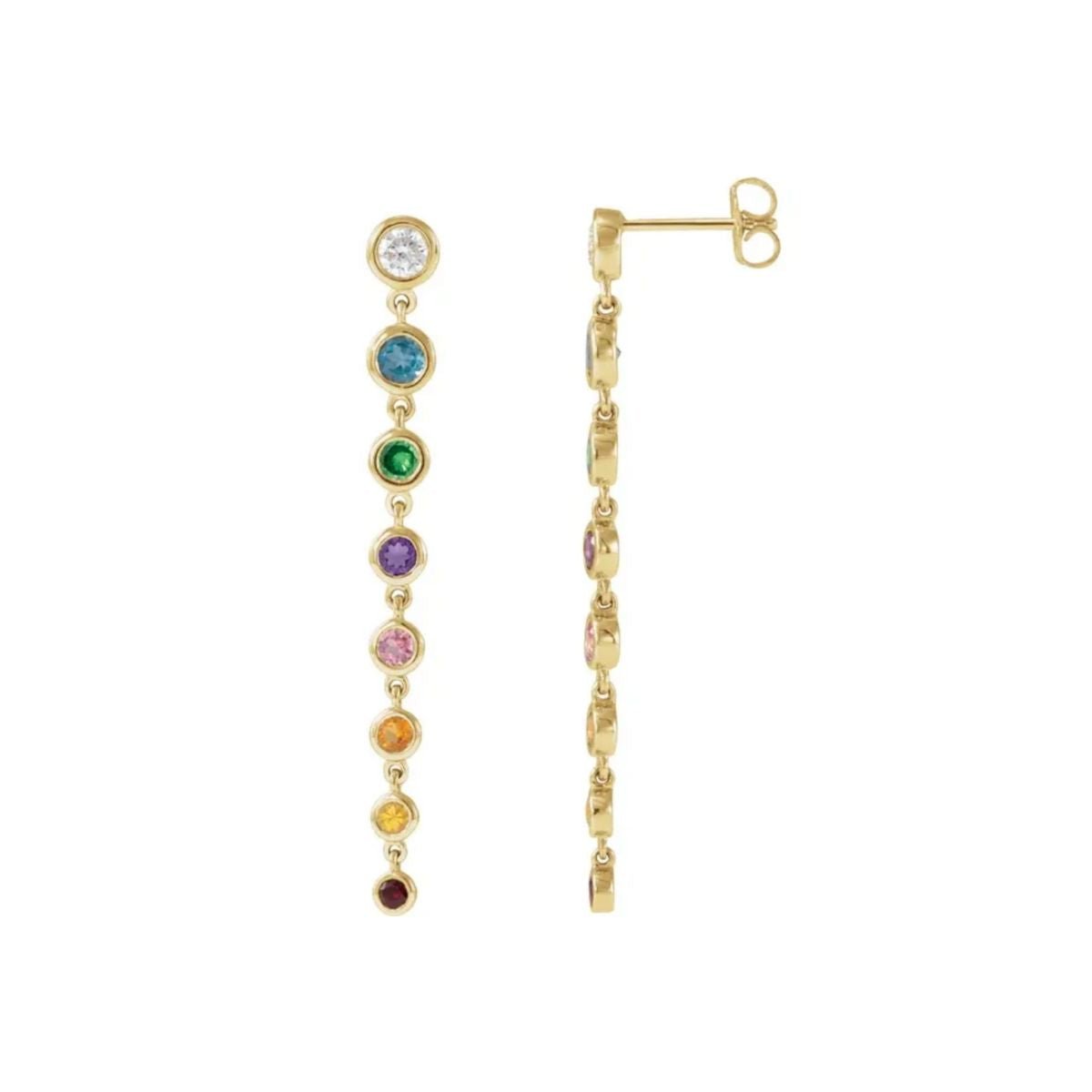 Graduated Rainbow Gemstone Dangle Earrings in 14K gold on a white background- Camille Jewelry