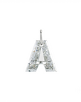 Mini personalized letter A pendant necklace in 14K white gold filled with engraved initial and diamond accent by Camille Jewelry.