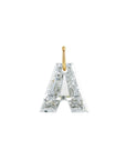 Mini personalized letter A pendant necklace in 14K gold filled with engraved initial and diamond accent by Camille Jewelry.