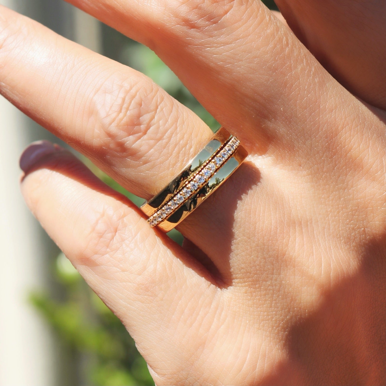 Insert Ring | Convertible Pavé Gold-Plated Band on models hand– Stackable Classic - Camille Jewelry