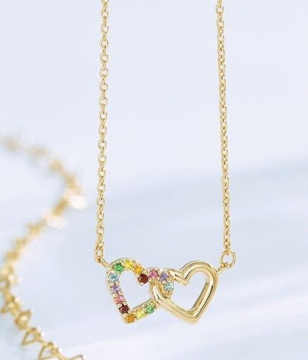14K Yellow Gold Rainbow Gemstone Mini Interlocking Heart Necklace - Camille Jewelry