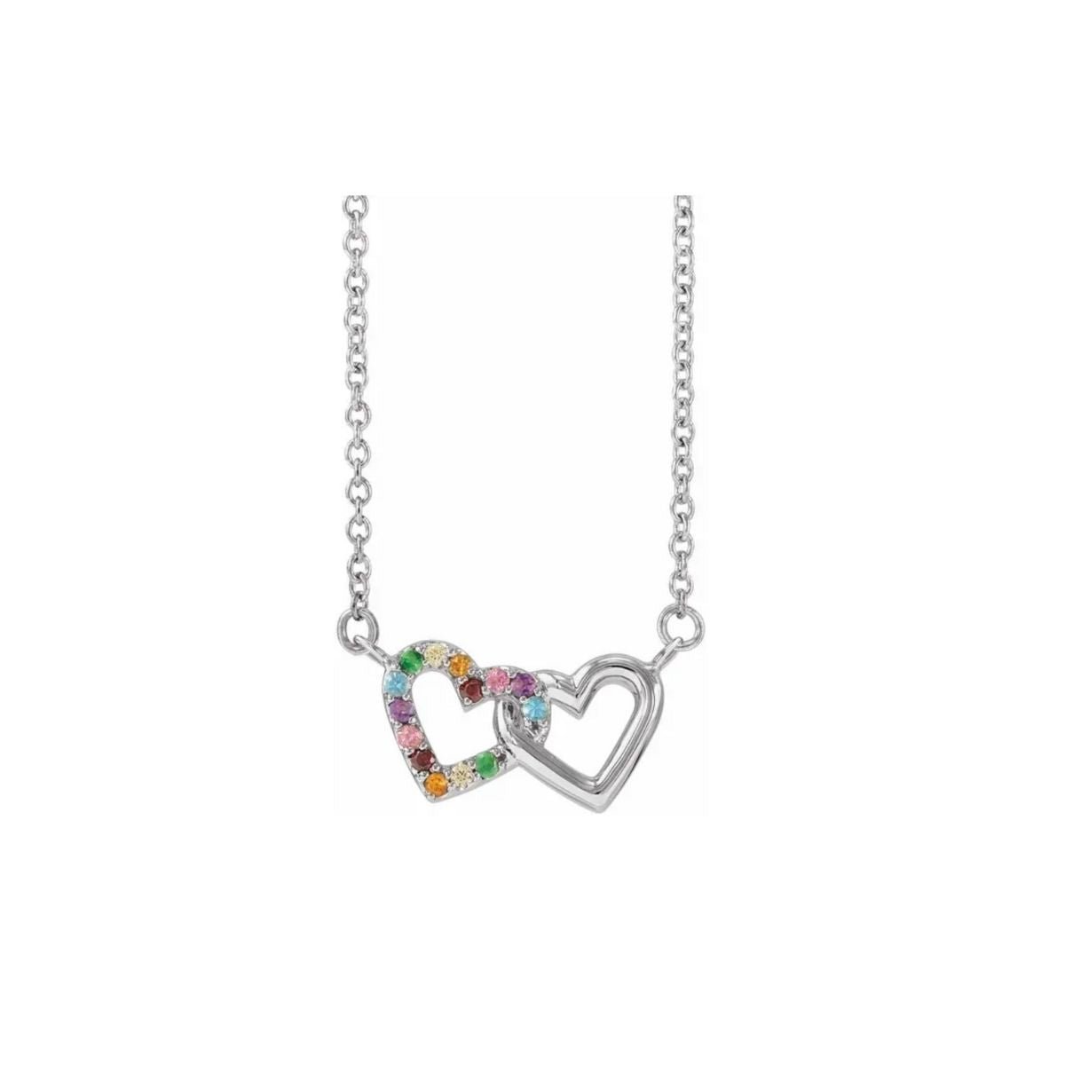 14K White Gold Rainbow Gemstone Mini Interlocking Heart Necklace on a white background - Camille Jewelry