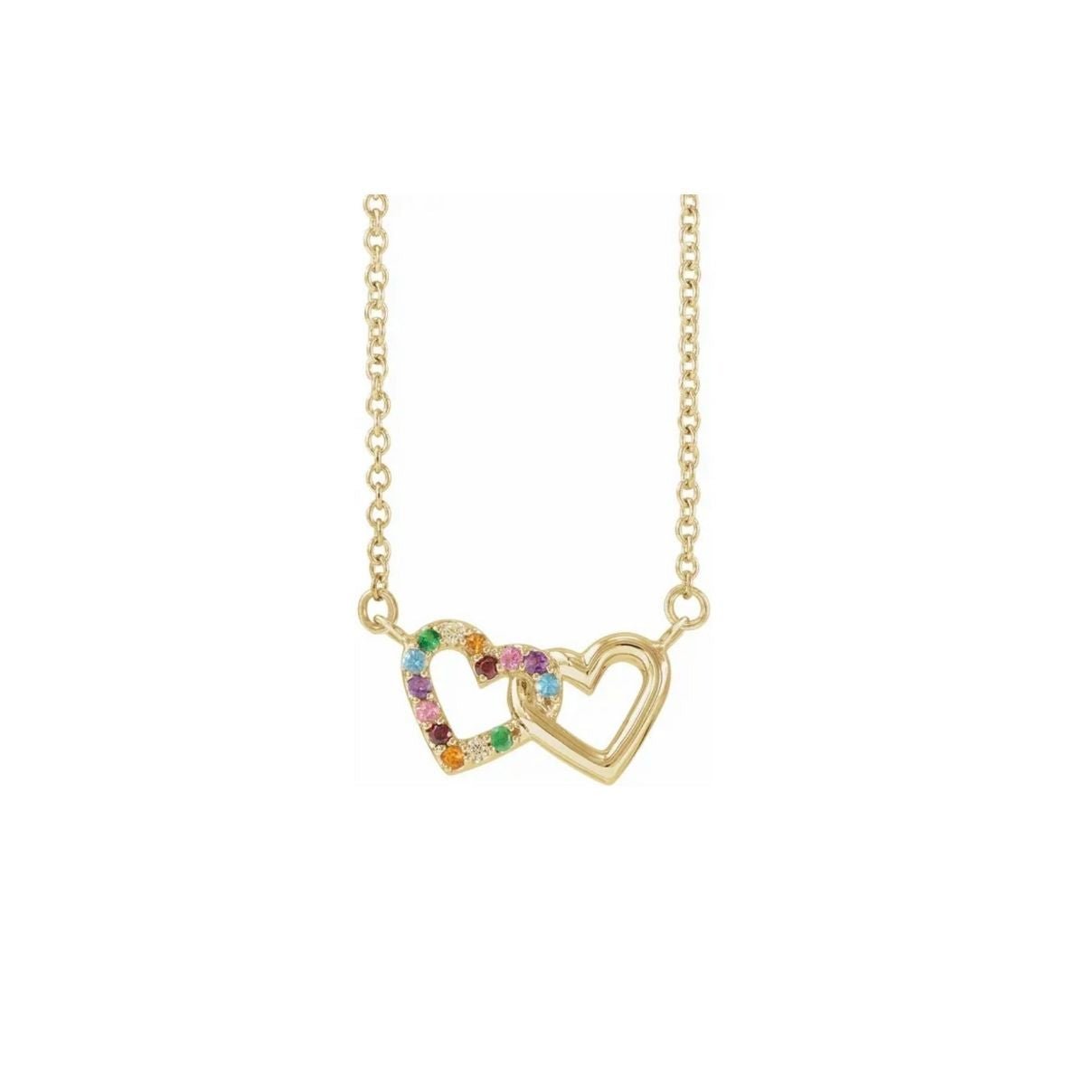 14K Gold Rainbow Gemstone Mini Interlocking Heart Necklace on a white background - Camille Jewelry