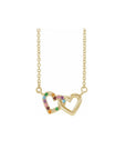 14K Gold Rainbow Gemstone Mini Interlocking Heart Necklace on a white background - Camille Jewelry