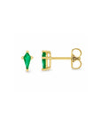 Kite cut lab created emerald stud earrings in 14K yellow gold on a white background  with one side view by Camille Jewelry