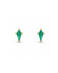 Kite cut lab created emerald stud earrings in 14K yellow gold on a white background by Camille Jewelry