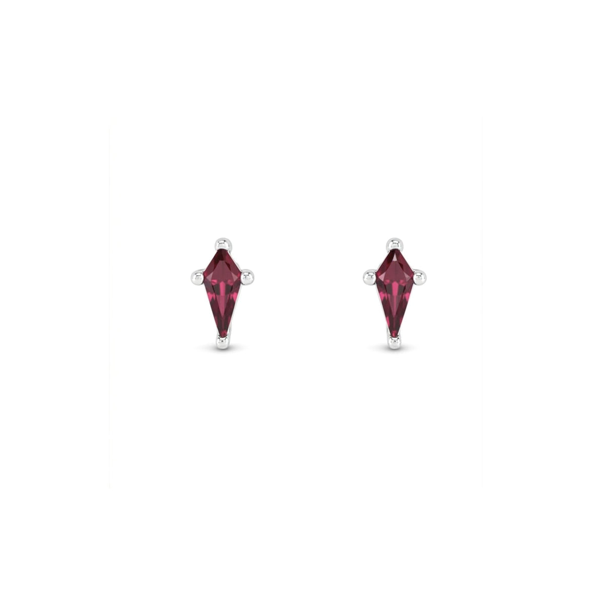 Kite cut lab created ruby stud earrings in 14K white gold on a white background by Camille Jewelry