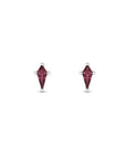 Kite cut lab created ruby stud earrings in 14K white gold on a white background by Camille Jewelry