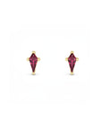 Kite cut lab created emerald stud ruby in 14K yellow gold on a white background by Camille Jewelry