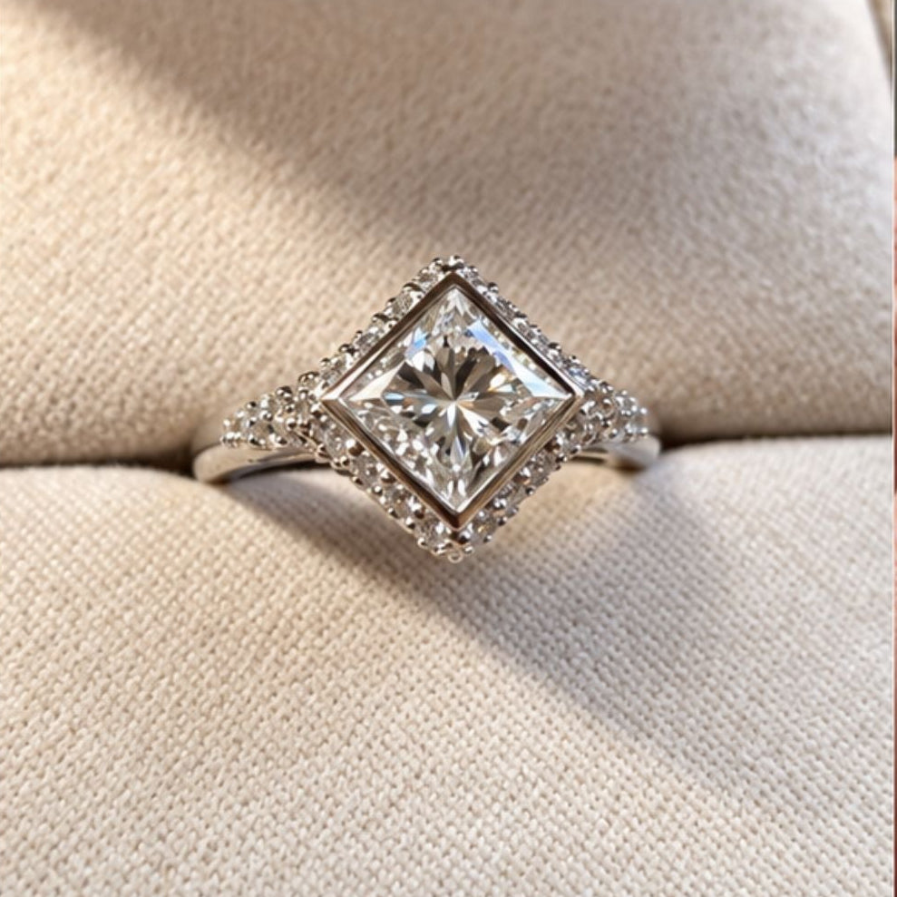 Princess cut diamond engagement ring redesigned in a platinum kite setting with pavé by Camille Jewelry