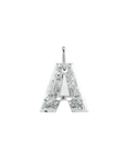 Mini personalized letter A pendant necklace in 14K white gold filled with engraved initial and diamond accent by Camille Jewelry.