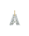 Mini personalized letter A pendant necklace in 14K gold filled with engraved initial and diamond accent by Camille Jewelry.