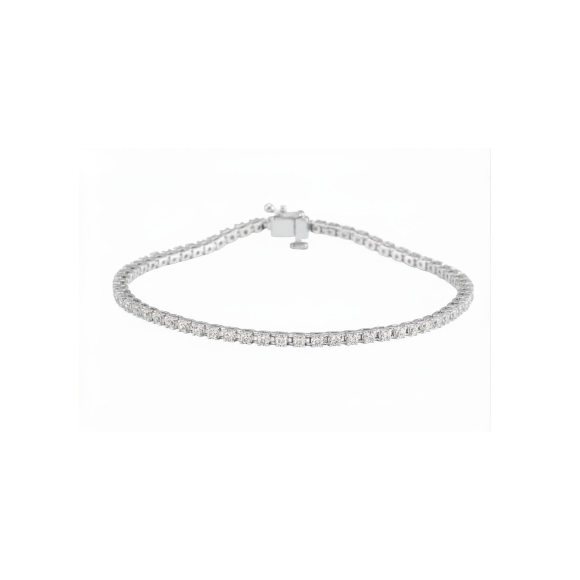 Lab grown diamond tennis bracelet in 14K white gold on a white background by Camille Jewelry