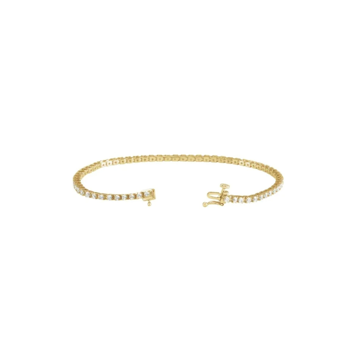 Open clasp detail of a lab grown diamond tennis bracelet in 14K yellow gold on a white background by Camille Jewelry