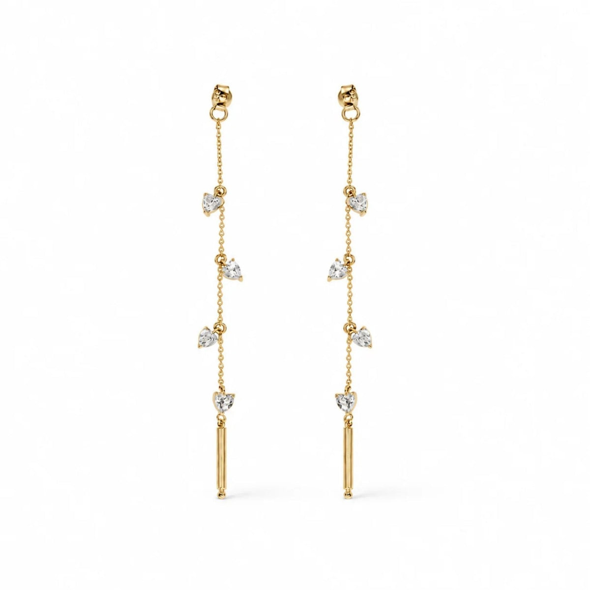 A pair of gold dangle linear earrings with trillion shaped cubic zirconia stones, displayed against a solid white background by Camille Jewelry