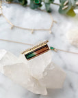 14K Yellow Gold Diamond Bar Tourmaline Gemstone Ring On A Quartz Display- Camille Jewelry