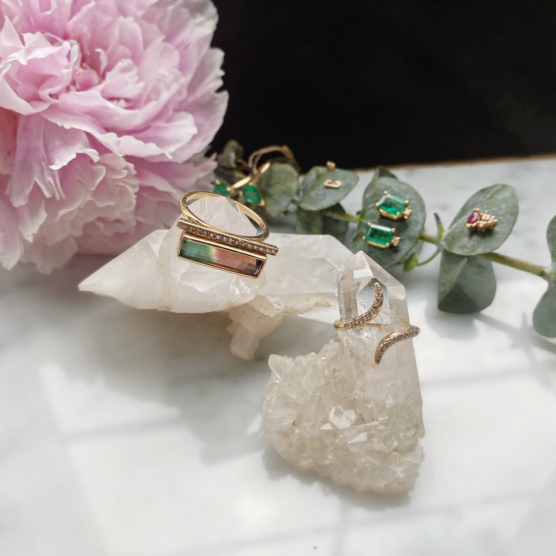 Diamond Bar Tourmaline Gemstone Ring with other gemstone earrings on display - Camille Jewelry