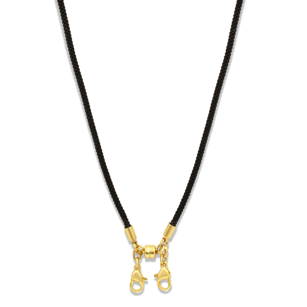 Black cord strap necklace lanyard with gold plating on a white background - Camille Jewelry
