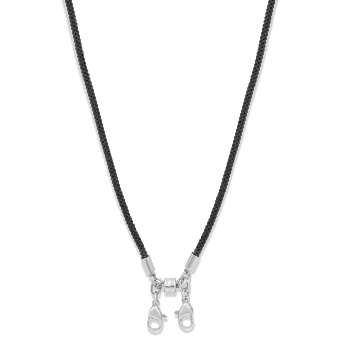 Black cord strap necklace lanyard with silver plating on a white background - Camille Jewelry