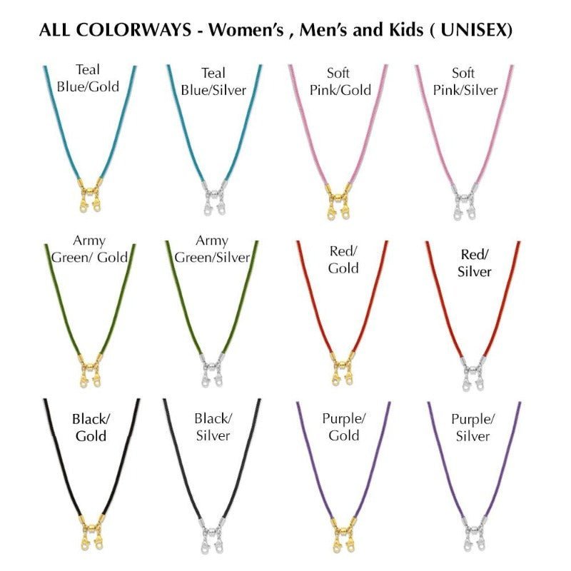 A variety of colors and length of strap corded necklace lanyards that are unisex featured on a white background