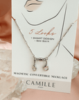 Magnetic Necklace Convertible Bar  Silver Chain on paper stand by Camille Jewelry