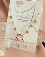 Gold plated disc charm convertible necklace and eyeglass chain on a card by Camille Jewelry.