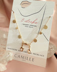 Gold plated disc charm convertible necklace and eyeglass chain on a card by Camille Jewelry.